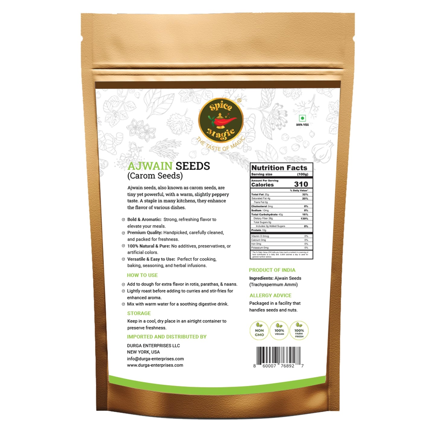 SPICE MAGIC Ajwain Seeds - 100% Pure Carom Seeds, Non-GMO, Vegan, Indian Origin, 7oz (200g)