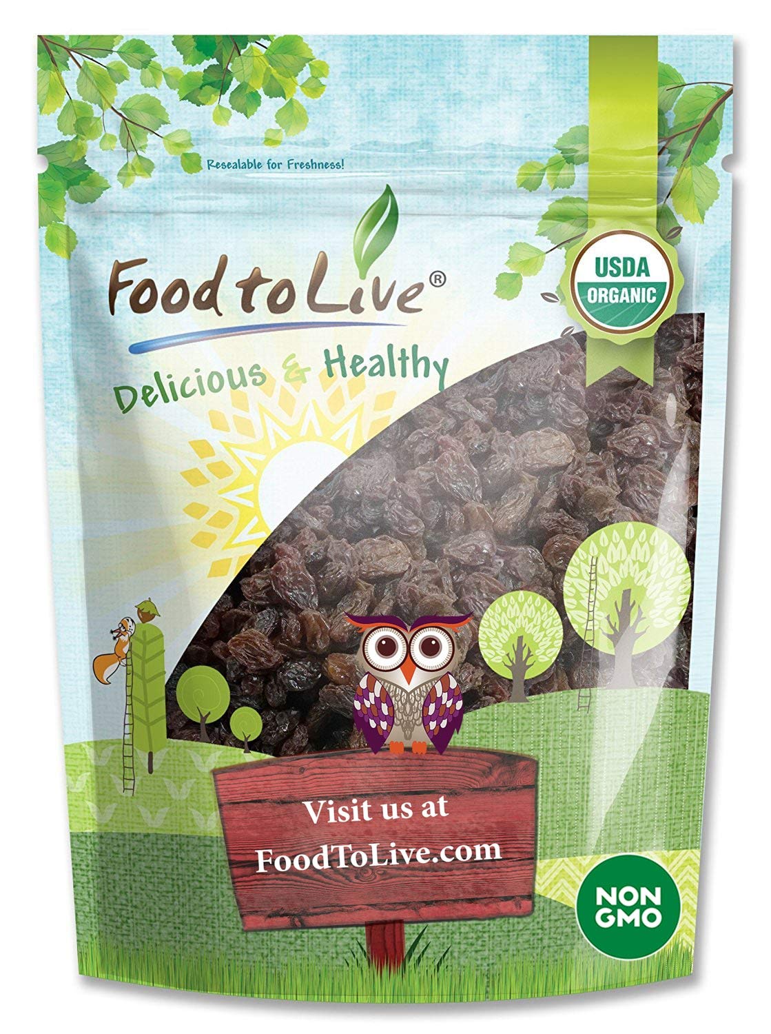Food to Live Organic Raisins, Thompson Seedless, Sun-Dried, Non-GMO, Kosher, 8 Ounces