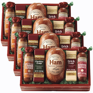 4 Holiday Gift Boxes - The Swiss Colony High 5 Food Bundle - Assorted Summer Sausages and Cheeses, Includes 4 Gift Boxes