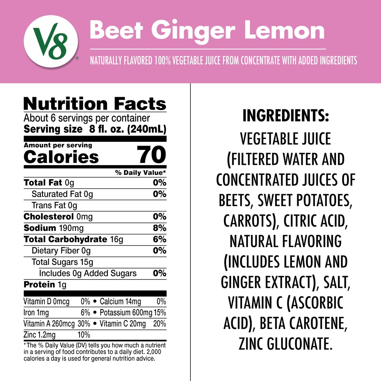 V8 100% Vegetable Juice, Beet Ginger Lemon, 46 fl oz Bottle, Model 200000028146