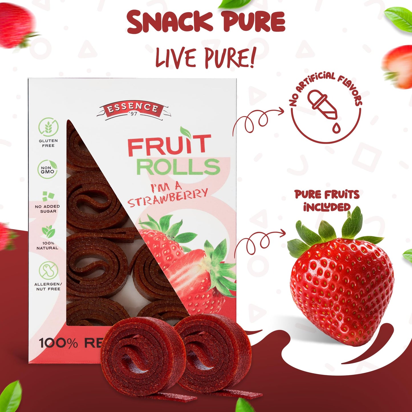 Essence 97 Fruit Roll Ups - Vegan, Non-GMO, No Added Sugar, Strawberry, 16 Count