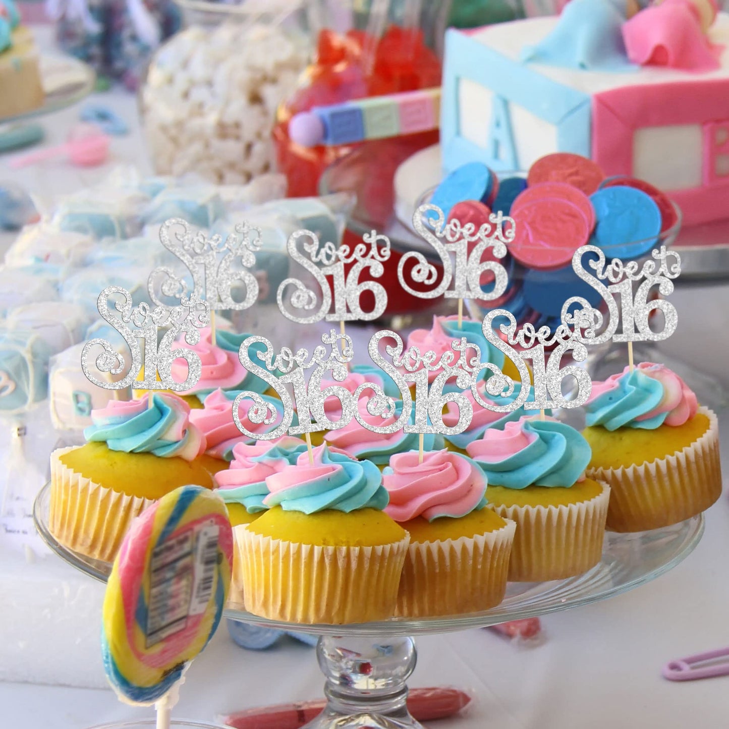 Gyufise 24 Pack Happy Sweet 16 Cupcake Toppers Glitter Sixteen 16Th Birthday Cupcake Picks Cheers To 16 Years Old Cupcake Decora