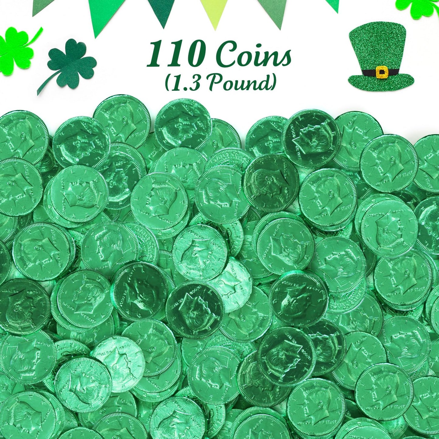 Albert Premier Belgian Chocolate Coins Bulk Pack - Approx. 110 Green Foil Wrapped Milk Chocolate Coins Candy For Party Favors, G