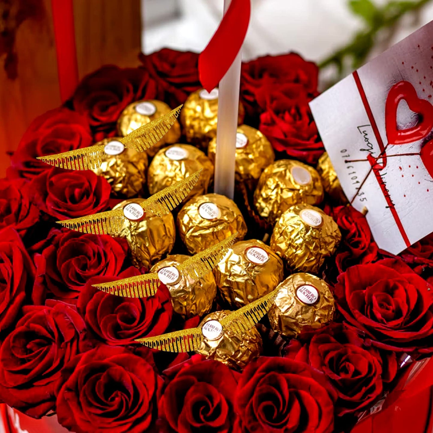Doryfew 50Pcs Golden Wings Chocolate Decor, Wafer Cupcake Toppers, Model TS-5, Paper, Style E