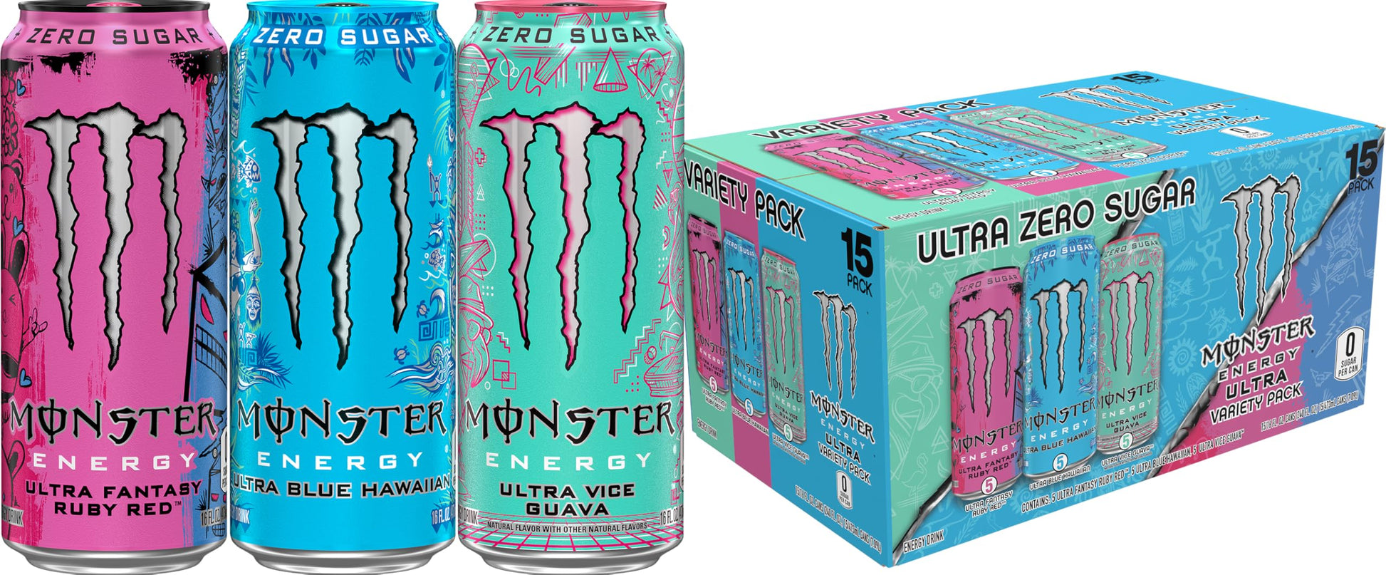 Monster Energy Ultra Variety Pack, Blue Hawaiian, Ultra Vice Guava, Ultra Fantasy Ruby Red, Sugar Free Energy Drink, 16 Ounce (P
