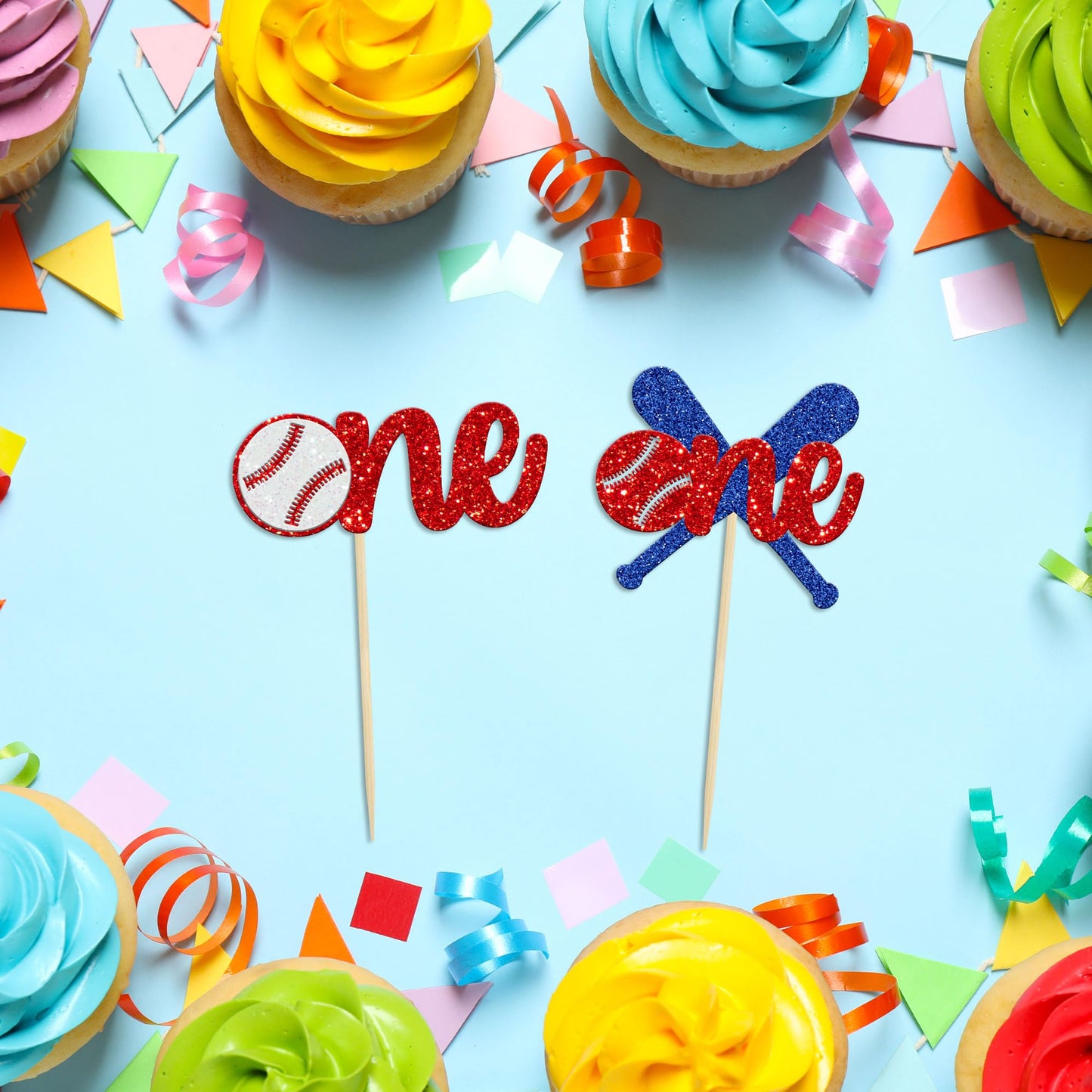 24Pcs Baseball 1St Birthday Cupcake Toppers Glitter First Birthday Baseball One Cupcake Picks Decorations For Baseball Sports Th