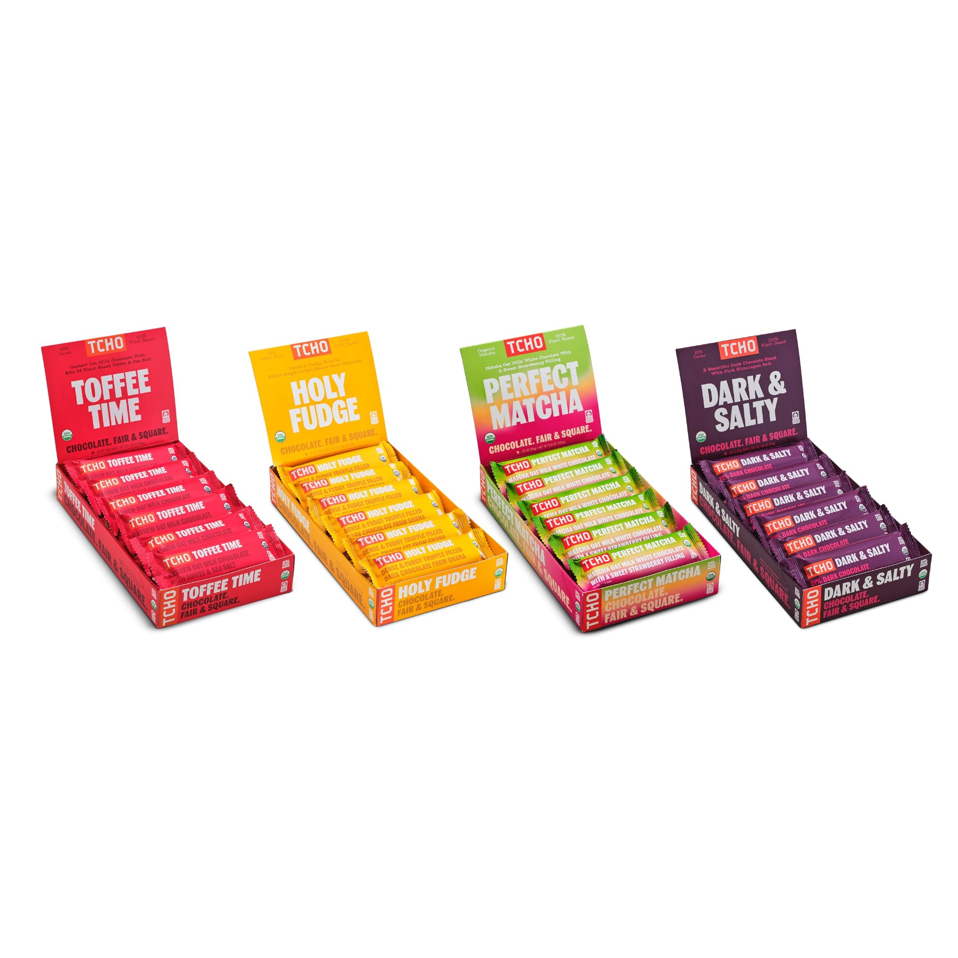 Tcho Singles Variety Pack - Plant Based  Organic Chocolate Singles - Vegan  Gluten-Free  Soy-Free - Handcrafted Pure Cacao Bars - Chocolate Bars - 18 Count - Holy Fudge  Toffee Time  Dark & Salty  Perfect Matcha (Pack Of 4)