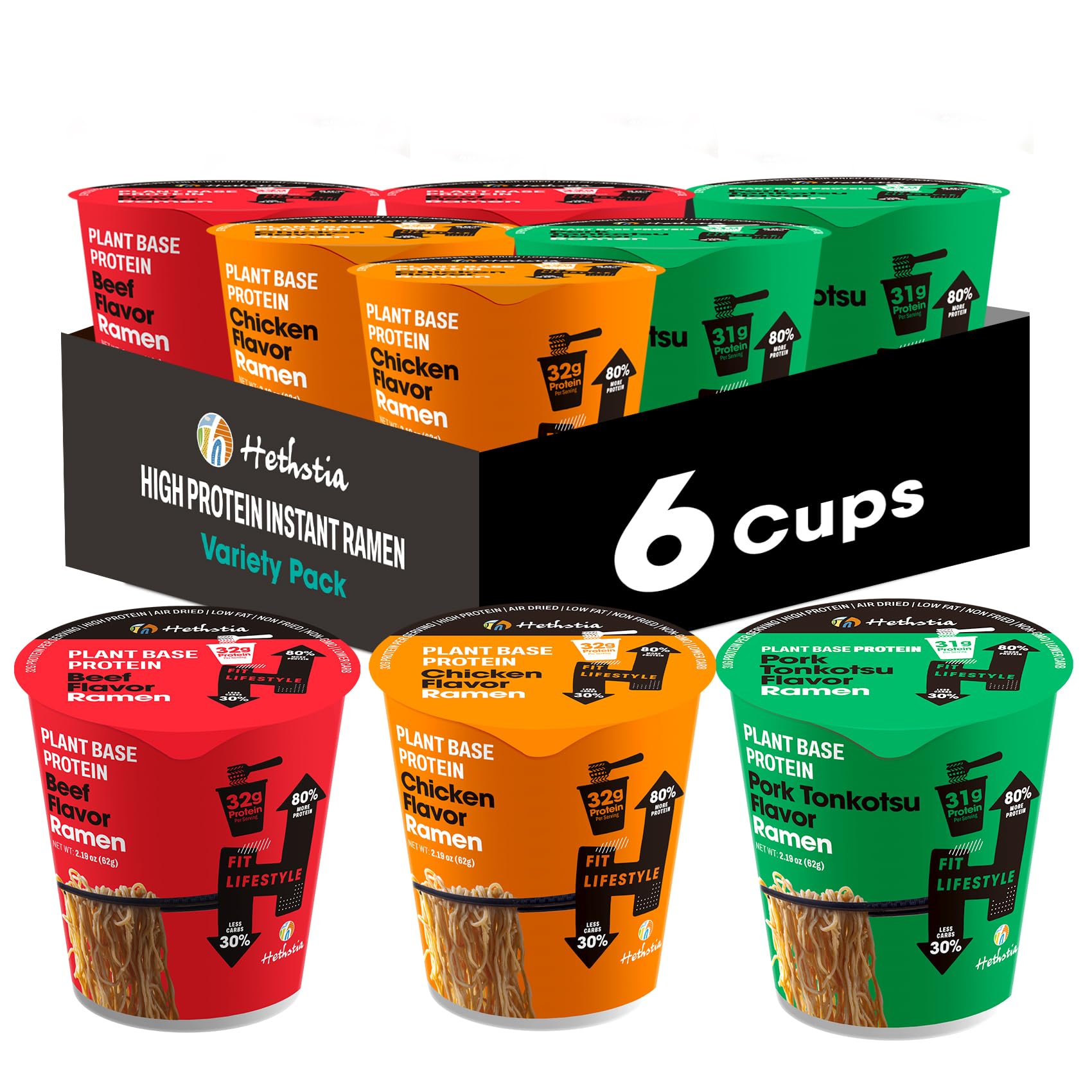 Hethstia Instant Ramen Soup Cup, 6 Pack High-Protein Ramen Noodle Broth Variety Flavor (Chicken, Spicy Beef, Pork Tonkotsu), Pla