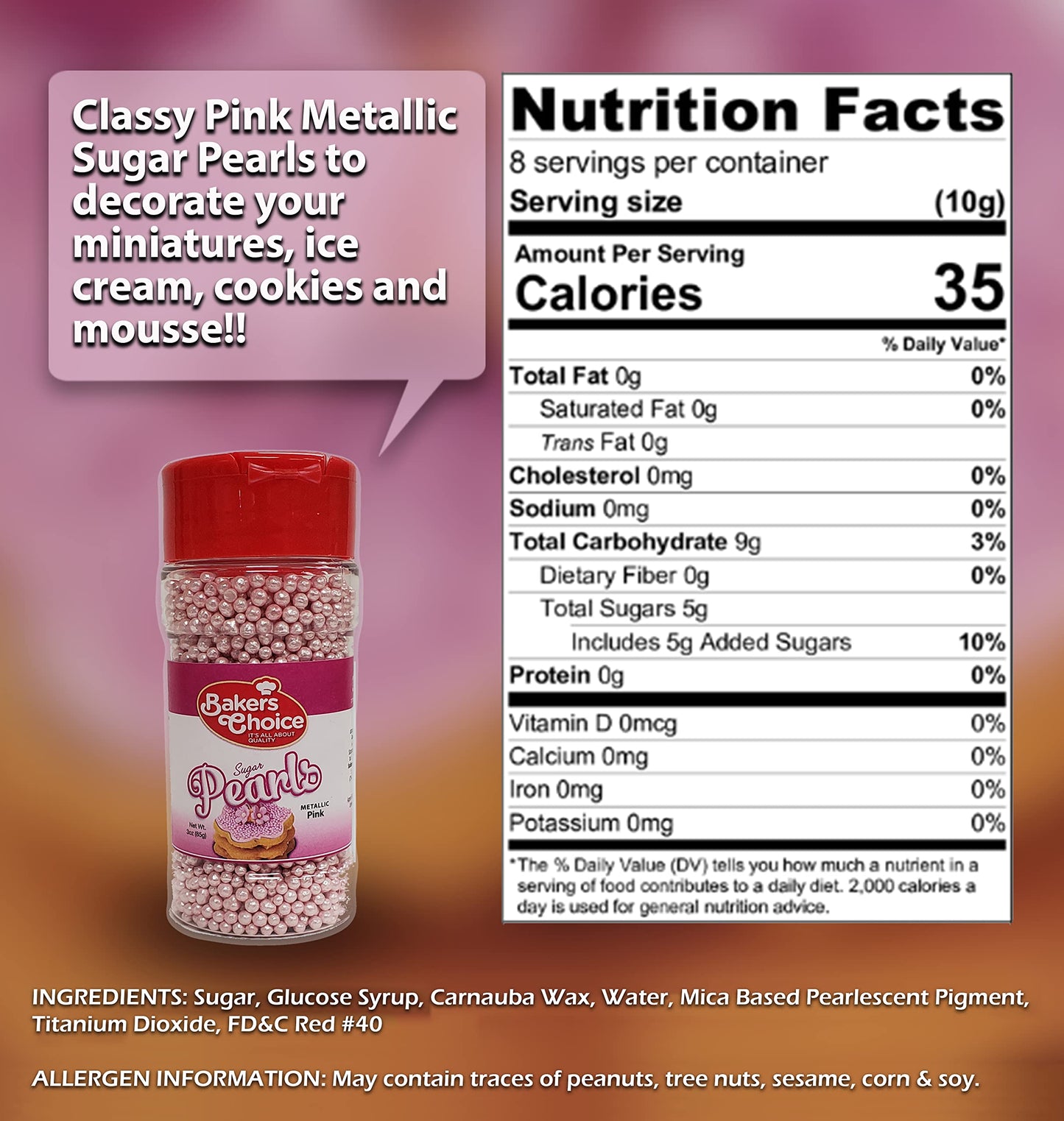 Bakers Choice Edible Pearls - Metallic Pink Sprinkles - Dairy Free - Kosher - 3 oz.