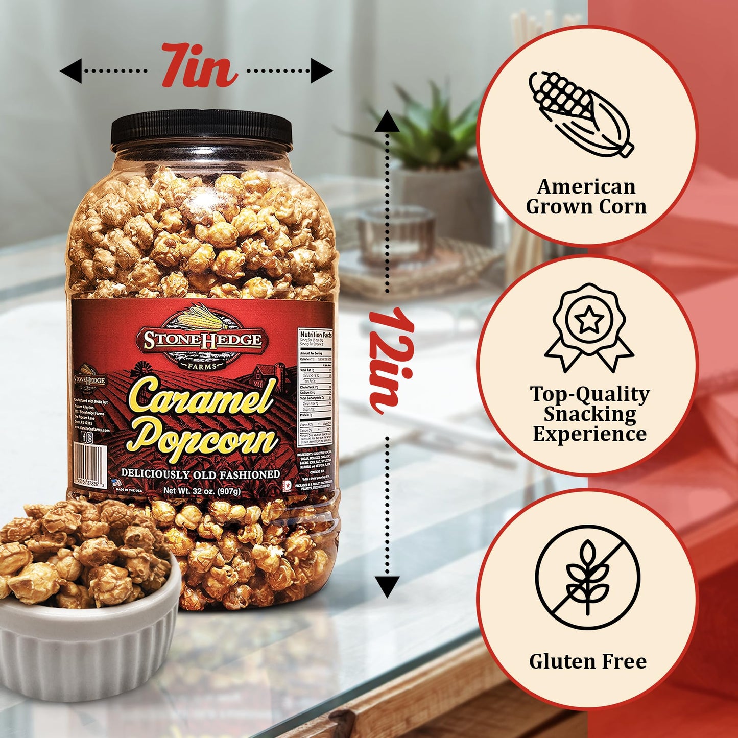 Stonehedge Farms Caramel Flavored Popcorn | 32 Oz (Pack Of 2) Reclosable Barrels | Bulk Gourmet Popped Carmel | Made In The Usa