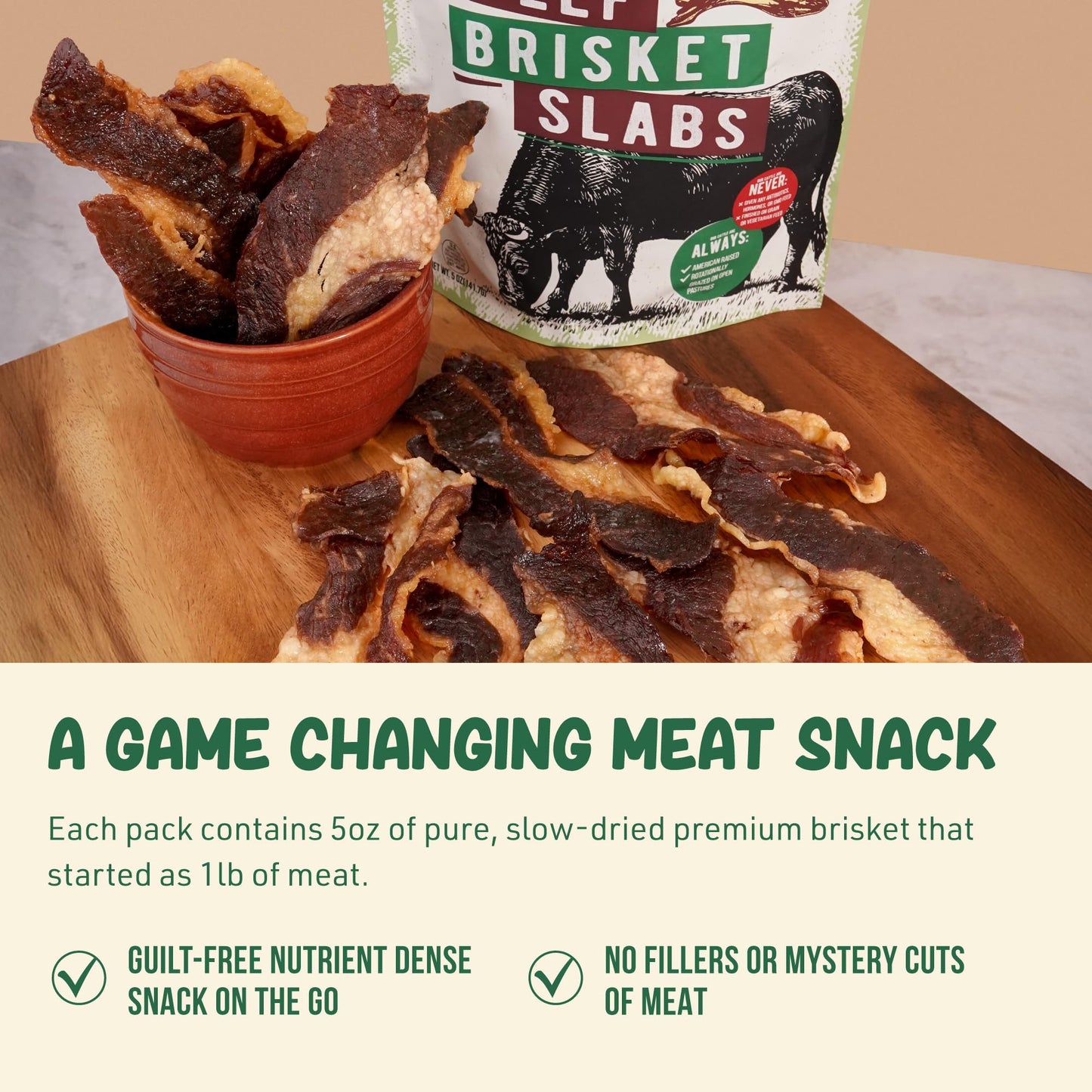 Grazly Beef Brisket Slab - Grass-Fed & Finished | Only Meat & Salt  Soft & Buttery Texture | High-Protein Carnivore Snack | Made from 1lb Raw Brisket | 5oz On-the-Go Snack Pack