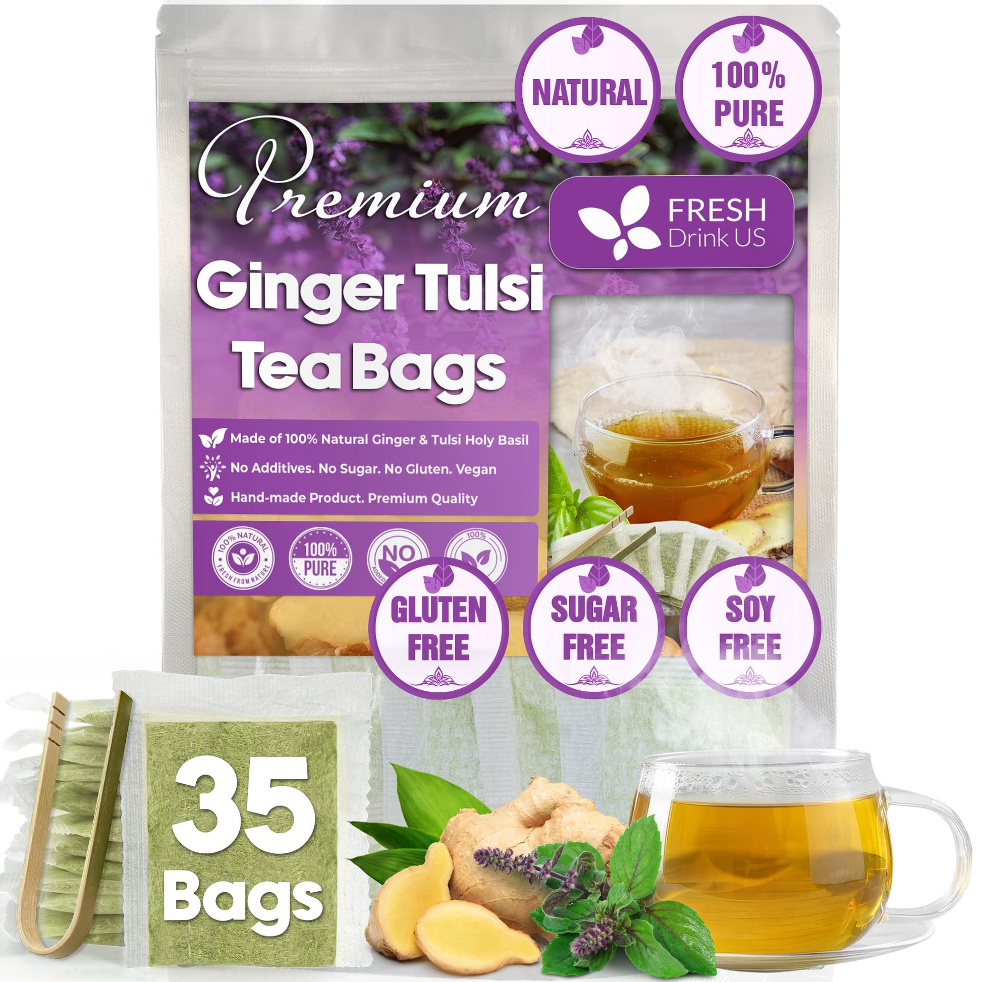 FRESHDRINKUS Ginger Tulsi Herbal Tea Bags, 35 Count, 100% Natural, Vegan, Eco-conscious