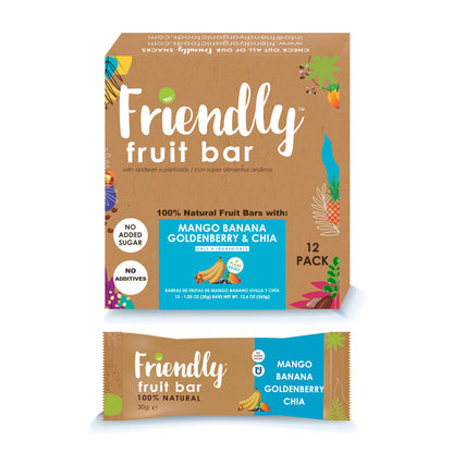 Friendly Fruit Bar | Banana, Mango, Goldenberry, and Chia | (12 pack);1.05 ounces | Healthy Natural Snack, Energetic, Plant Base