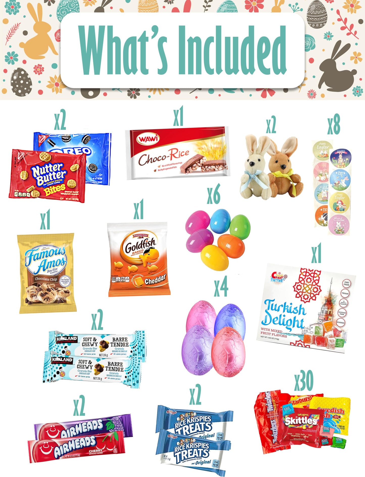 BLUE RIBBON, Easter Gift Basket (82 Count) Care Package with Two Plush Bunny Treats Snacks Cookies Candy Toys Gift Box for Kids