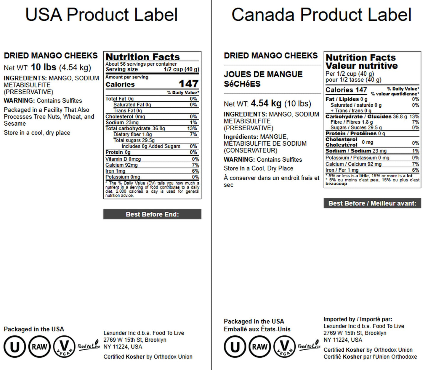 Food to Live Dried Mango Cheeks - Premium Quality, Unsweetened, 10 Pounds, Gluten-Free, Raw Vegan Snack