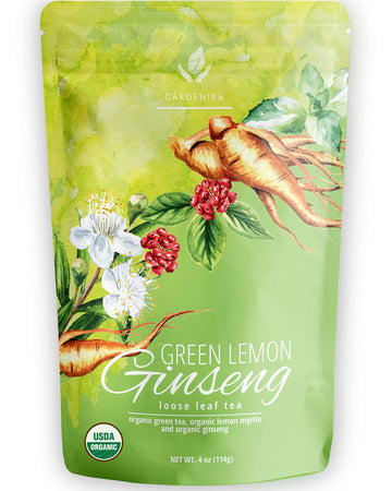 Gardenika Organic Green Loose Leaf Tea With Ginseng And Lemon Myrtle - Kosher, No Natural Or Artificial Flavors - 4 Oz