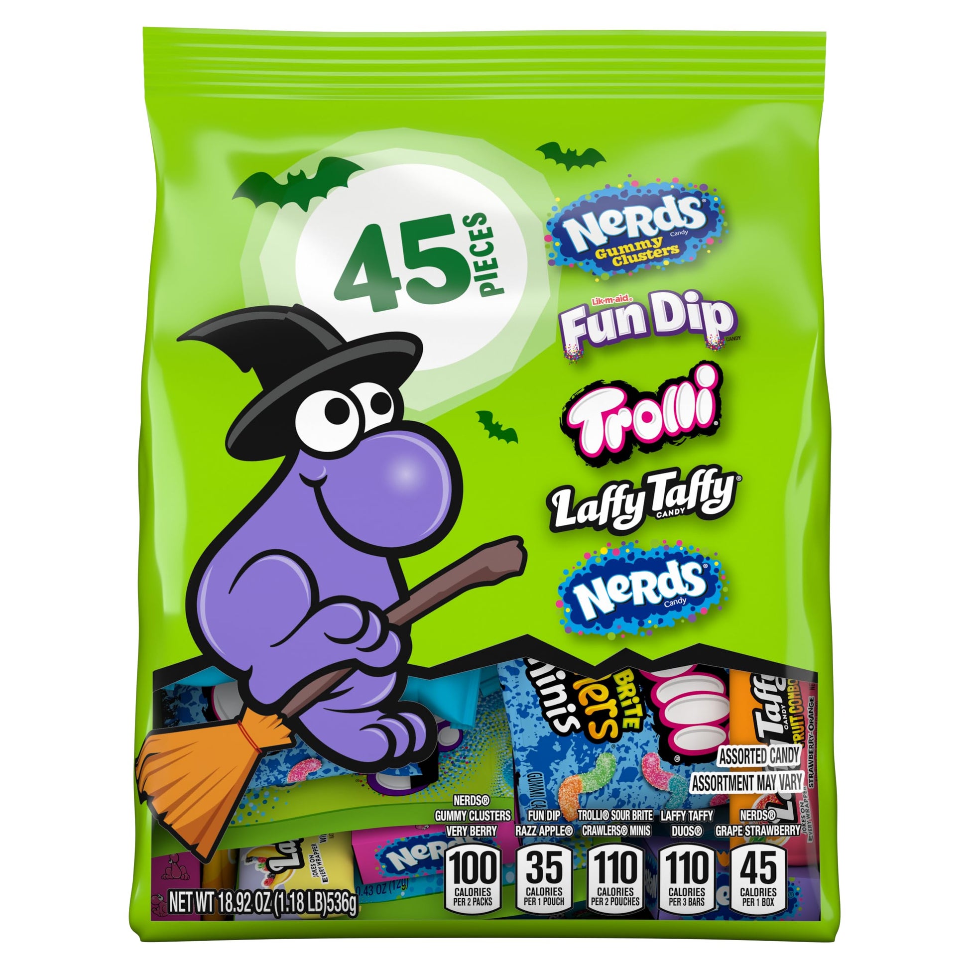 Halloween Candy Variety Seekers  Trick-or-Treat Variety Bag  NERDS Gummy Clusters  Fun Dip  Trolli  Laffy Taffy and More  45ct  18.9oz