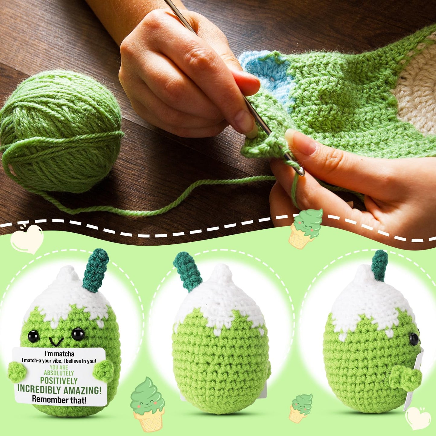 Ovrrcame Affirmations Crochet Matcha Buddy - Positive Vibes Card, 3.15 x 2 x 2 inches, You Are Amazing, Motivational Gift for Her