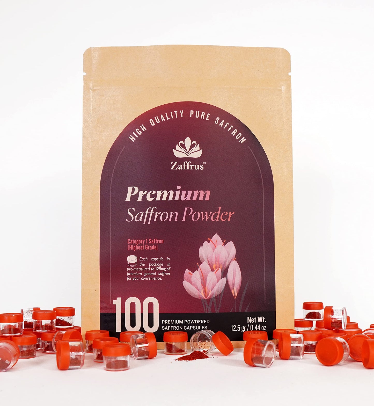 Zaffrus Premium Saffron Powder for Cooking and Drinks - 100 Count (12.5 gr / .4408 oz)