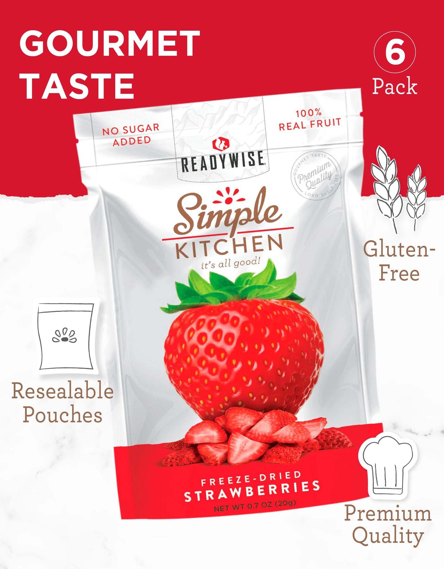 ReadyWise Freeze-Dried Strawberries, 24 Servings, 6 Pack, Vegetarian, Gluten Free, Healthy Snacks