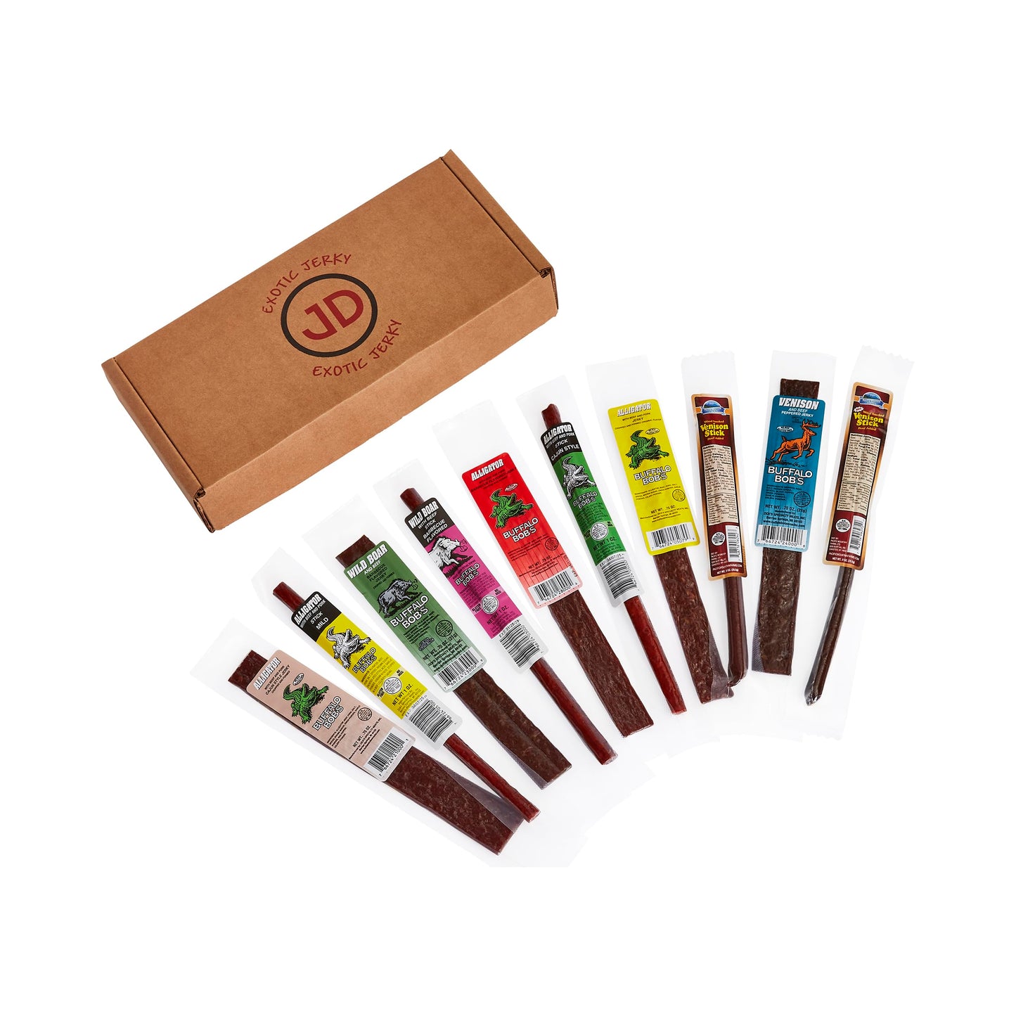 Jerky Dynasty Bayou Mix - 10-Pack Exotic Beef Jerky with Venison, Wild Boar & Alligator - Unique Slim Stick Snacks