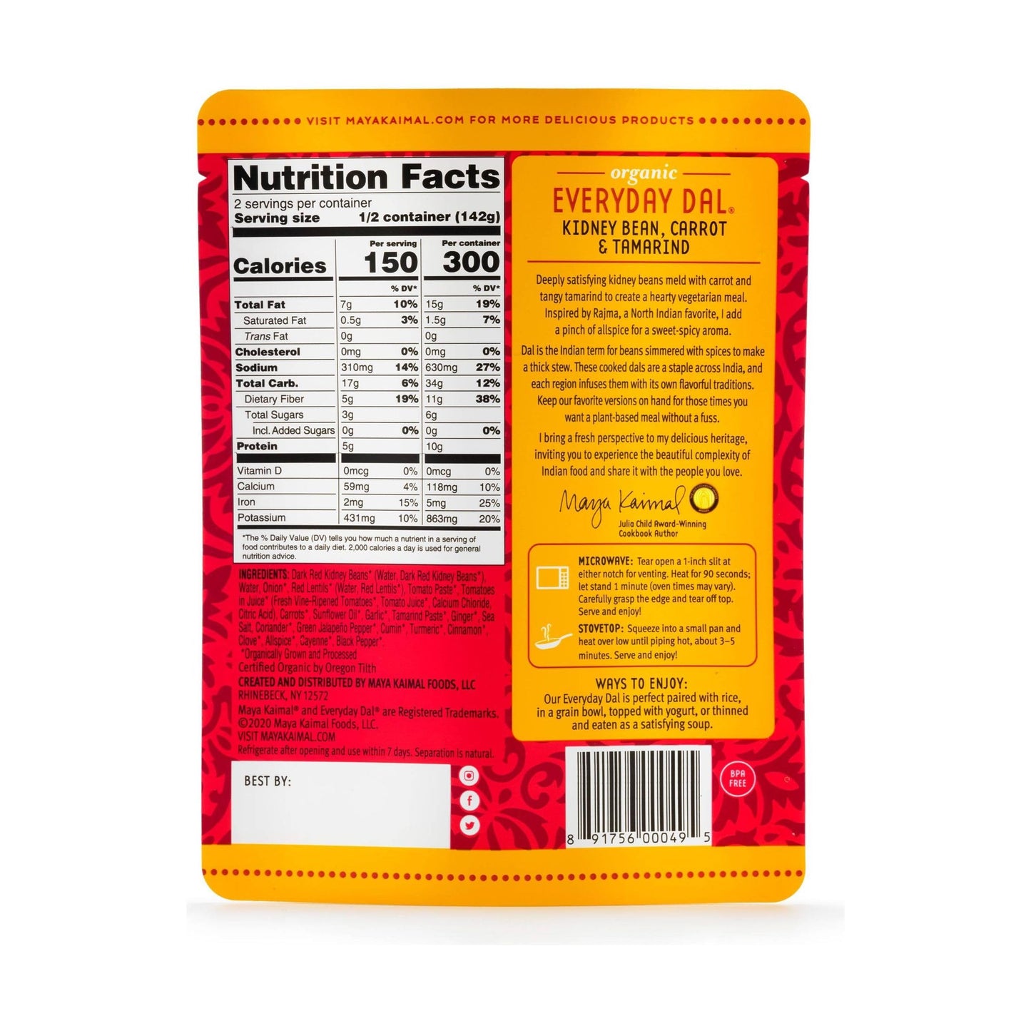 MAYA KAIMAL Organic Kidney Beans carrots & Tamarind Everyday Dal 10 OZ