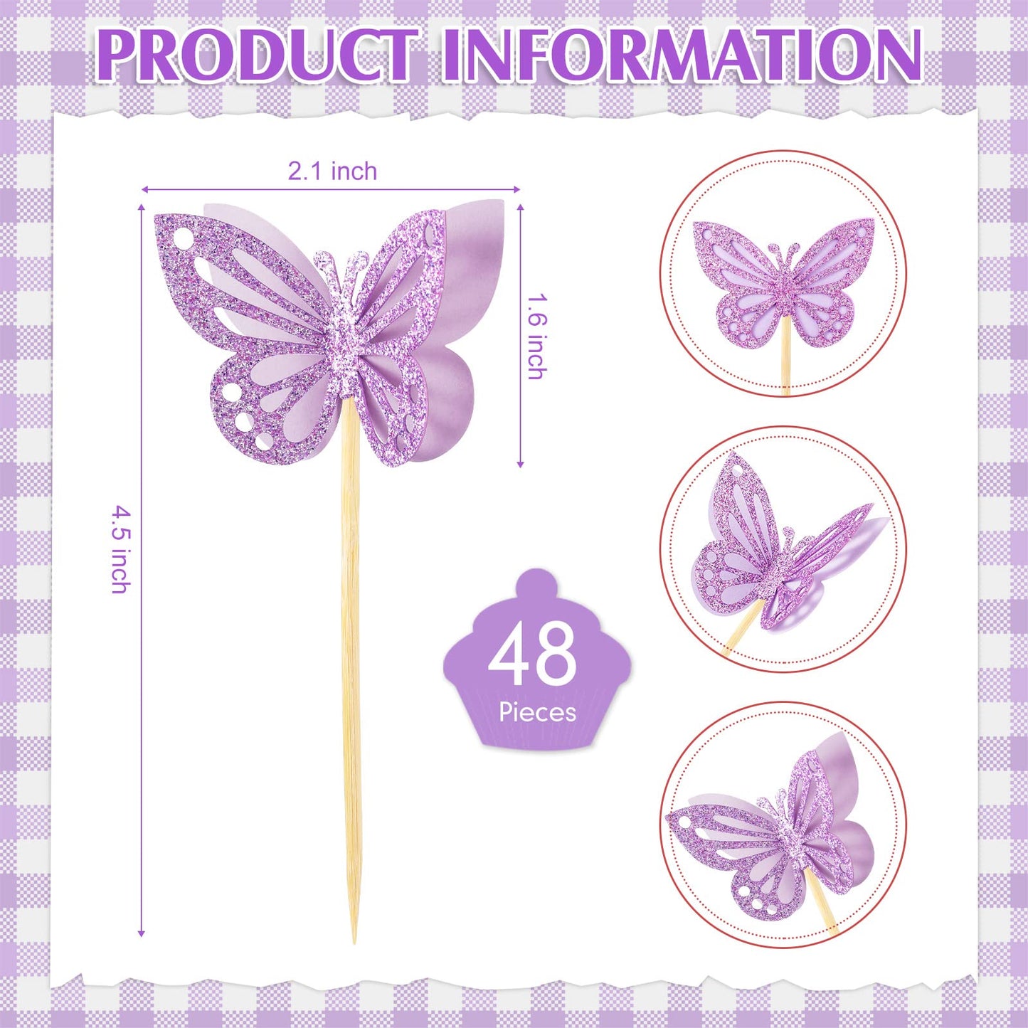 Chinco Butterfly Cupcake Toppers, 48 Pcs Double Layer, 3D Glitter, Purple, Ideal for Baby Showers, Birthdays, Weddings