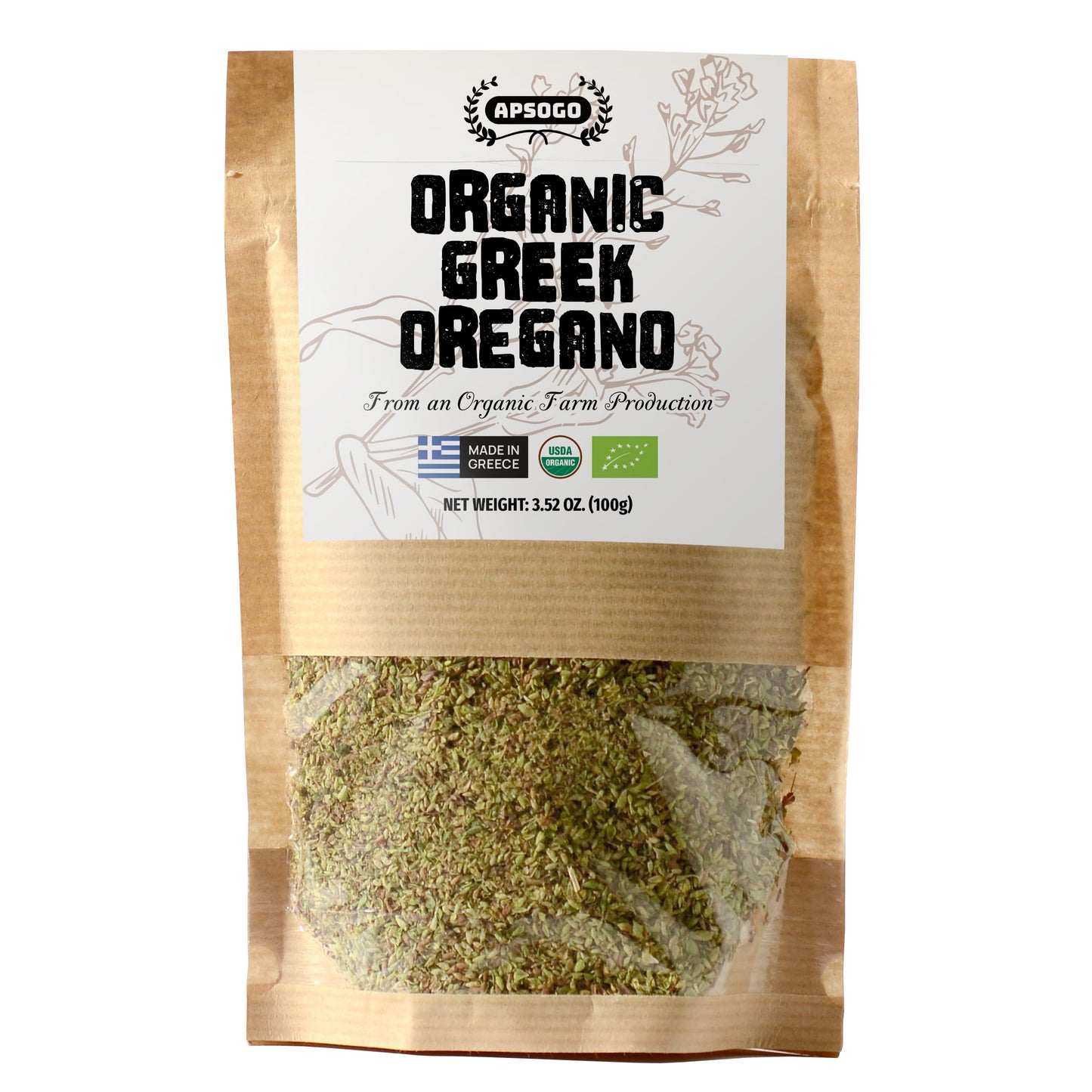 Apsogo Oregano - Organic Dried Oregano produced in Greece - Premium Quality & Excellent Taste (3.52oz (Pack of 1))