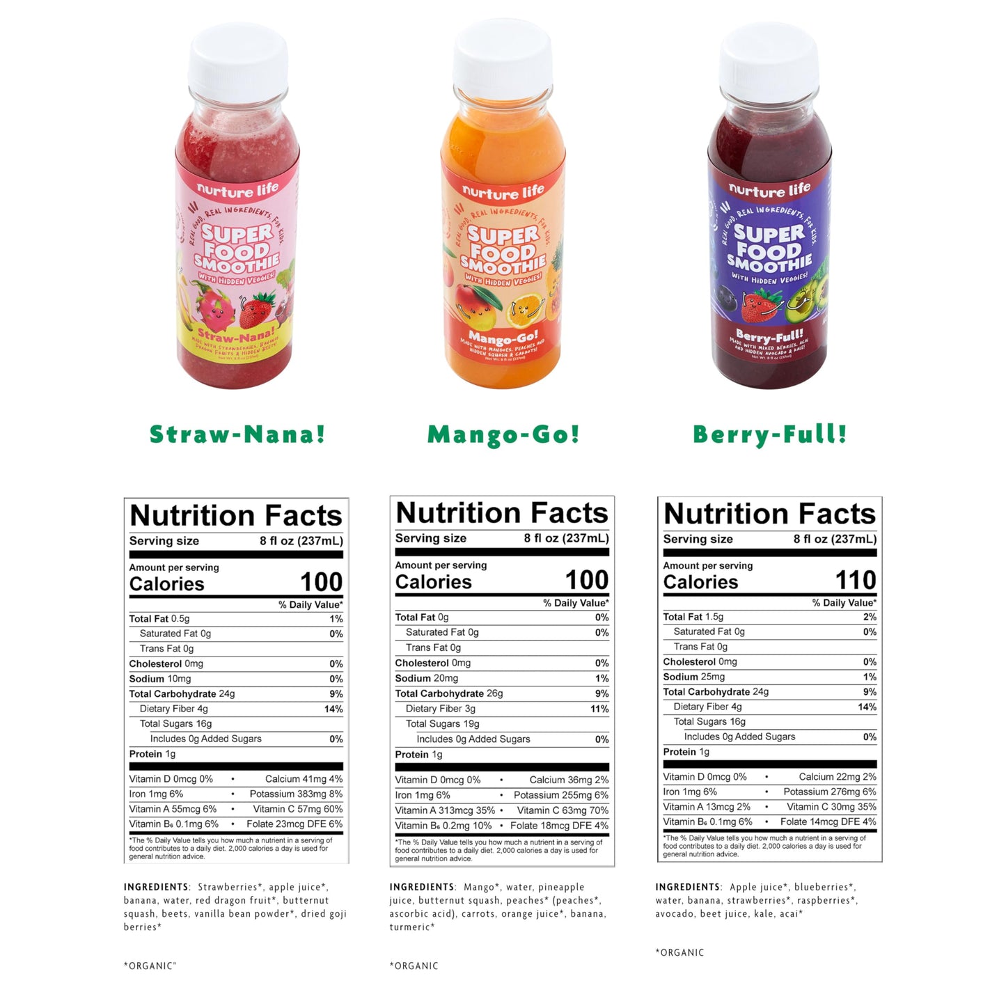 Nurture Life Superfood Smoothies, Healthy Toddler Snacks To-Go w/Hidden Fruits & Veggies, Fruit Smoothies for Kids, No Sugar Add