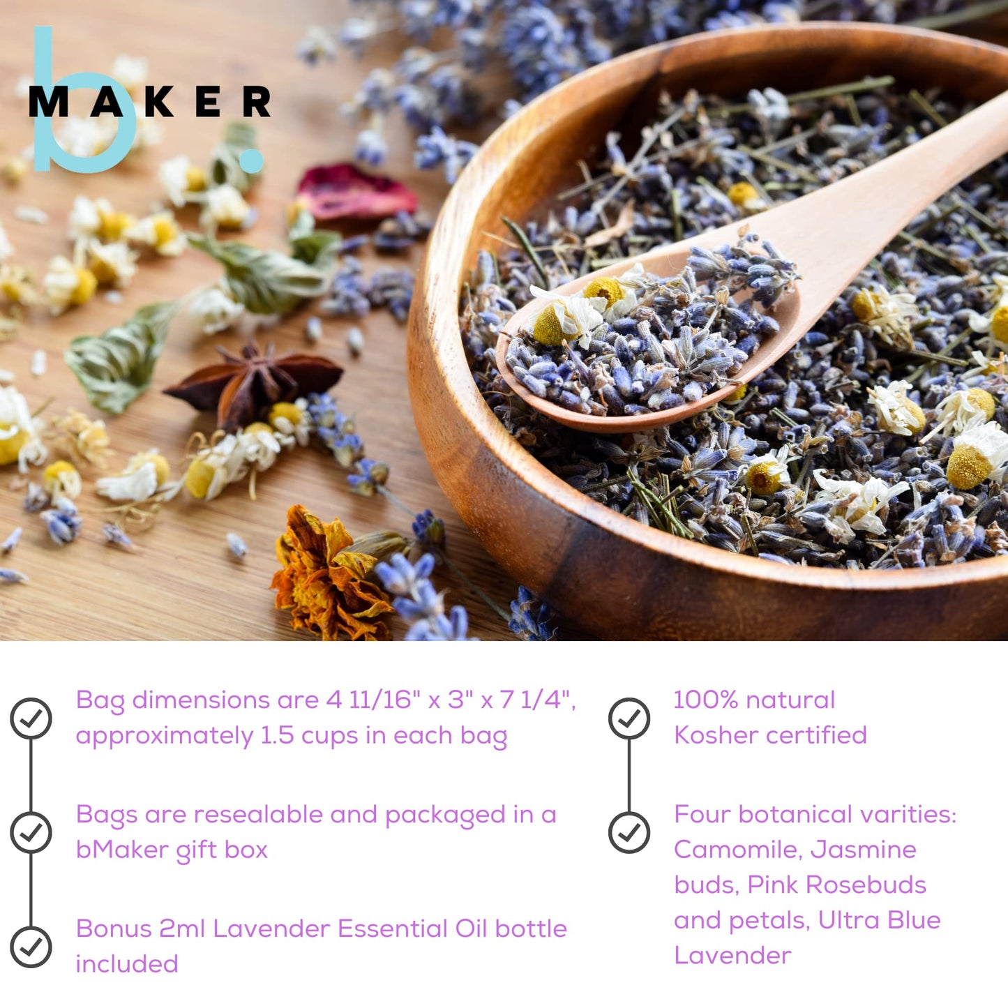Bmaker Bulk Flower Kit Chamomile - Ultra Blue Lavender, Red Rose Buds & Petals, Marigold - 2 Cup Each Packet- Included Lavender