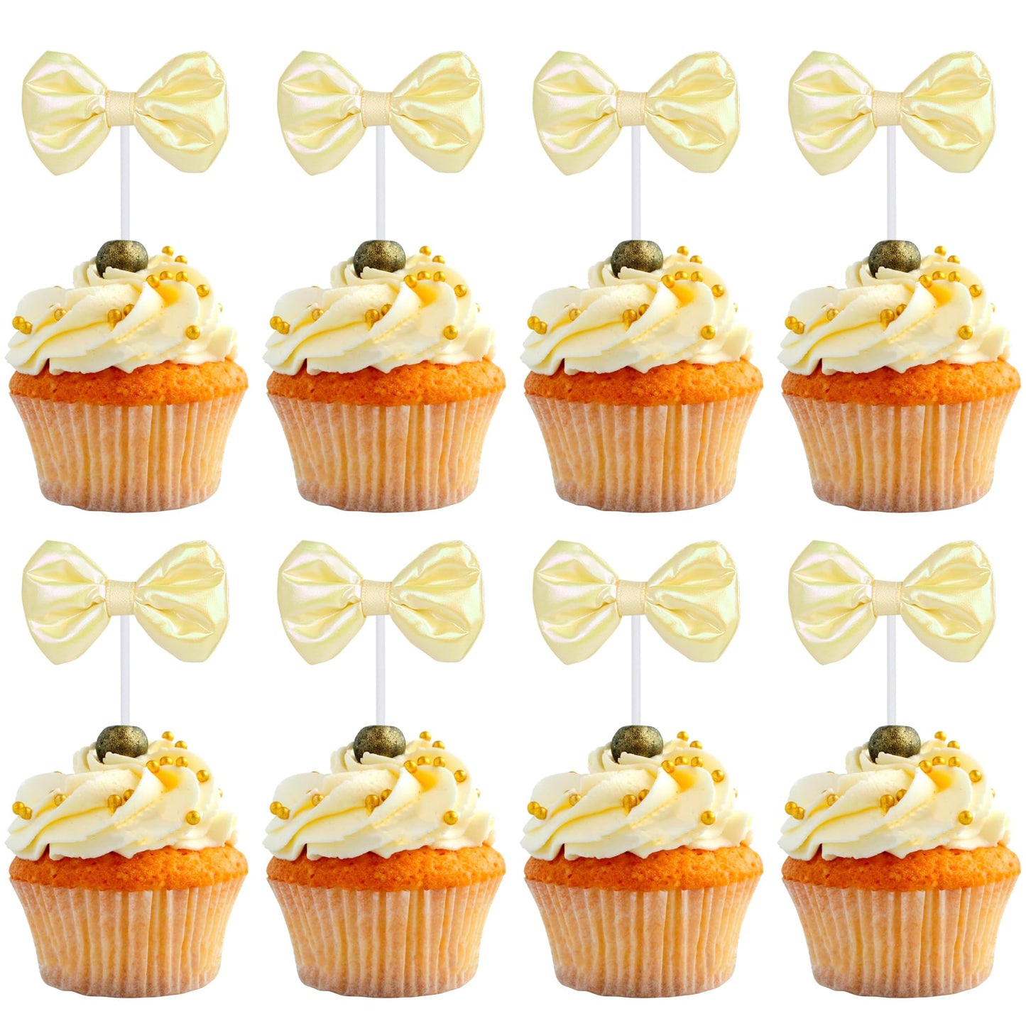 YCTHUNFISH 12 Pack Pink Bow Cupcake Toppers - Paper Bowknot Decorations for Wedding, Bridal Shower, Birthday Party - Yellow