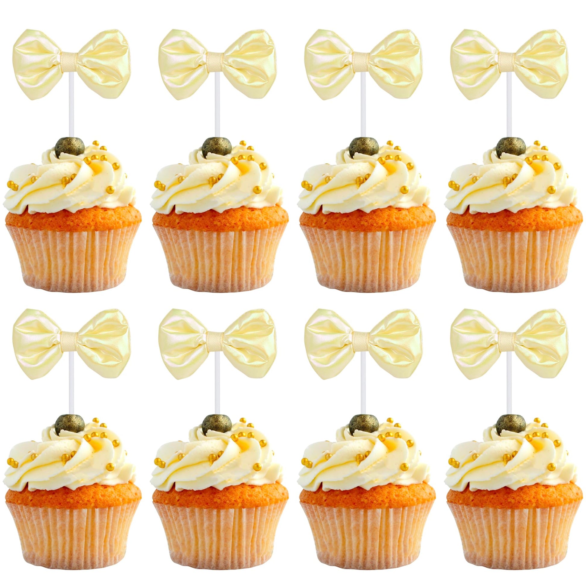 YCTHUNFISH 12 Pack Pink Bow Cupcake Toppers - Paper Bowknot Decorations for Wedding, Bridal Shower, Birthday Party - Yellow
