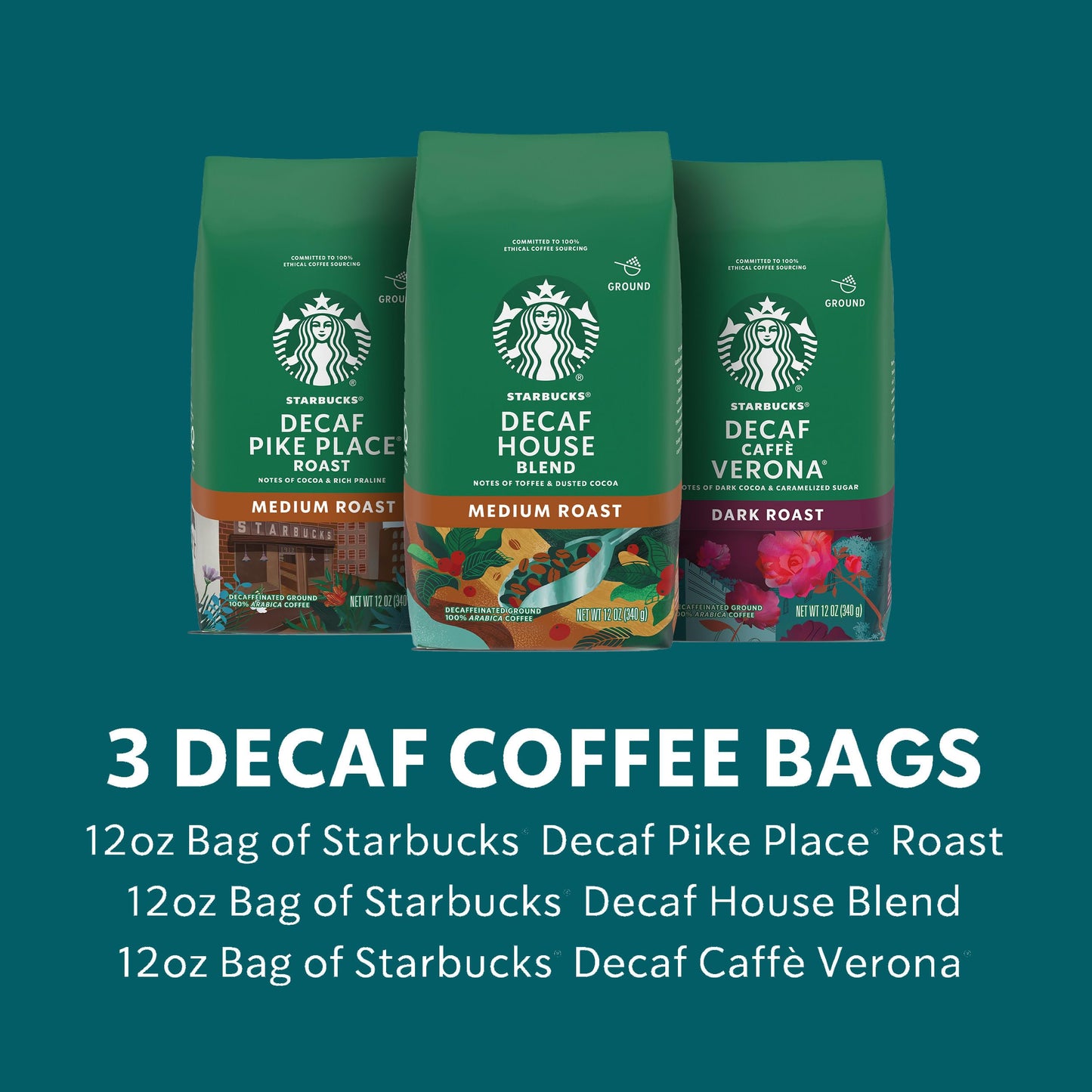 Starbucks Ground Coffee Variety Pack, Medium & Dark Roast, Decaf, 3 bags (12 oz each)