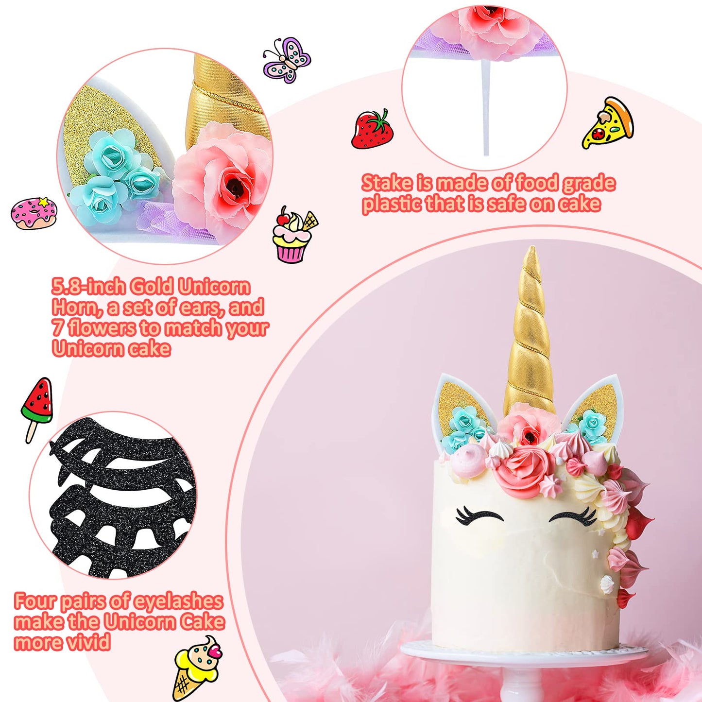 Unicorn Cake Topper Party Supplies Decorations For Girls Gold Unicorn Horn First Birthday Cake Topper Kit With Eyelashes, 5.8 In