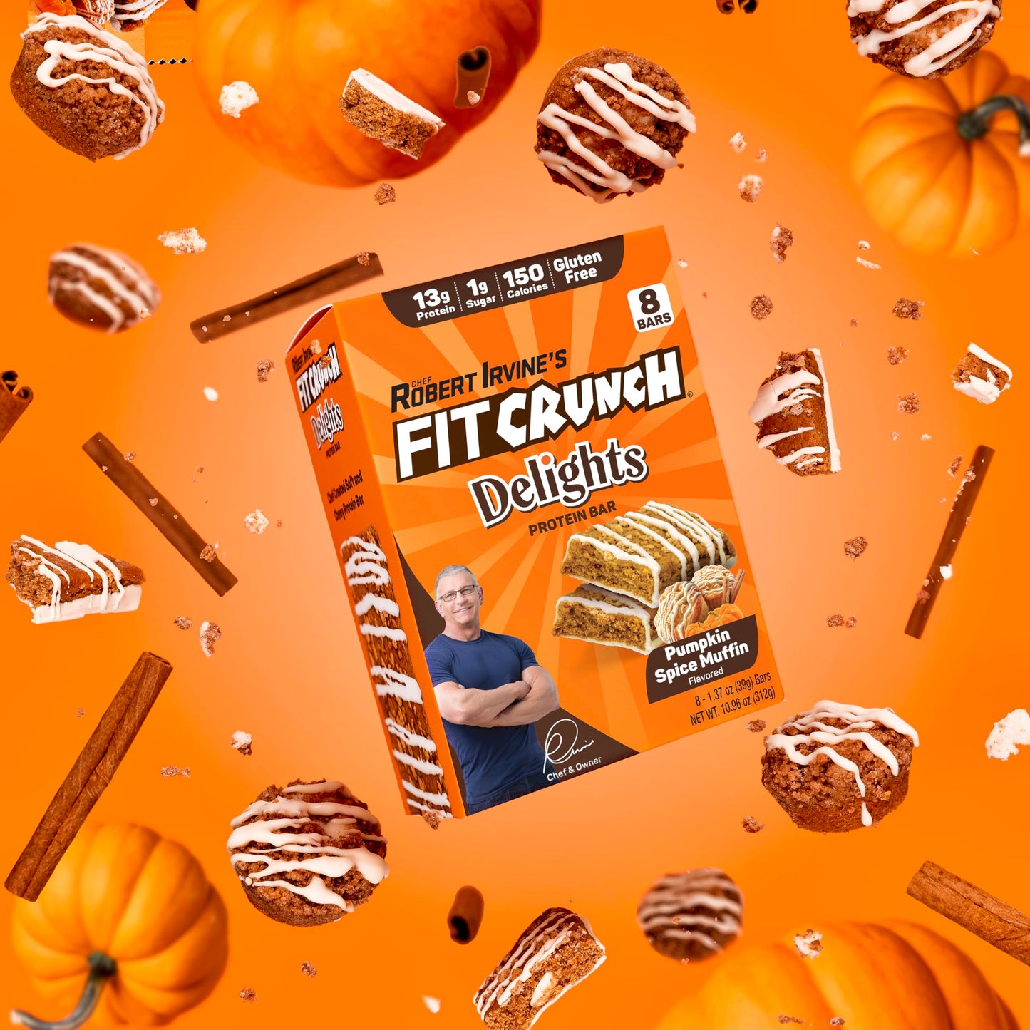 Fit Crunch Protein Bar, 13g Protein & 1g Sugar, Pumpkin Spice Muffin, 8 Bars