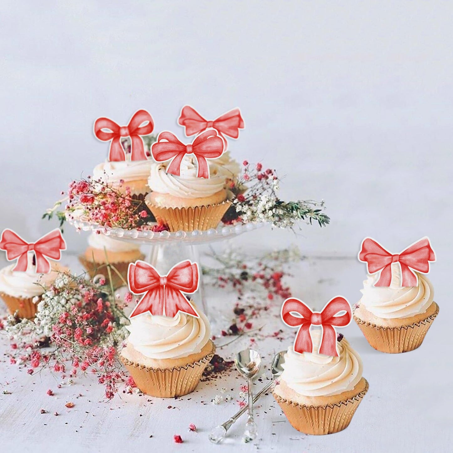 Cyodoos 40Pcs Edible Red Bowknot Cupcake Toppers Wafer Paper Bowknot Cake Dessert Picks Baby Shower Princess Cupcake Toppers For