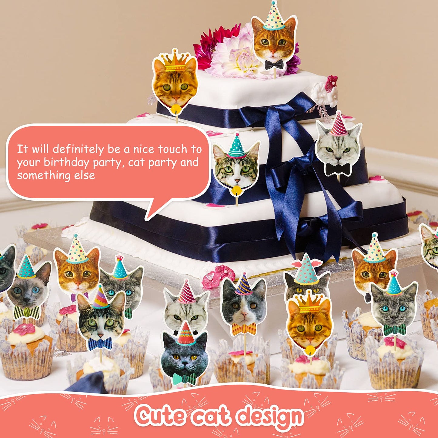 Outus Cat Face Cupcake Toppers - 48 Pieces, Paper, Gray Pink White Black, Cute Cat Head Toothpicks for Birthday Party Supplies