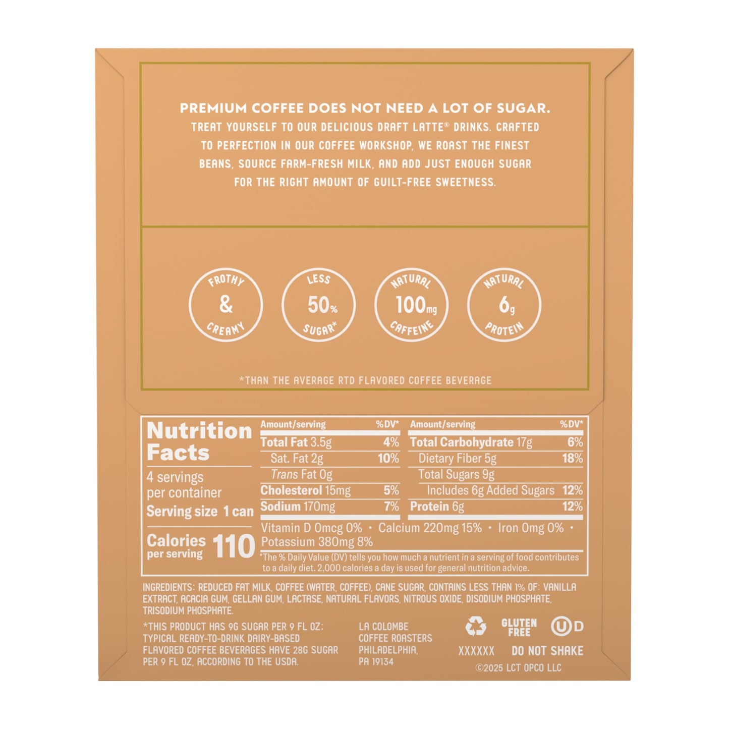 La Colombe Vanilla Draft Latte - 9 Fl. Oz. 4 Pack - 100% Arabica, Single-Origin, Brazilian Cold Brew Coffee With Lactose-Free Foamy Milk, Enhanced Coffee On The Go, 115Mg Natural Caffeine