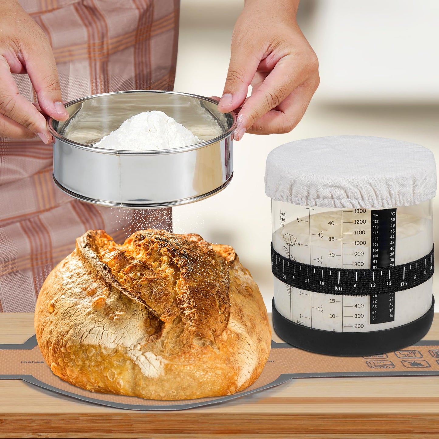 Large Sourdough Starter Jar, Wide Mouth Bread Starter Kit with Ounce&ML Scale Line,Marked Feeding Band, Thermometer, Scraper, Me