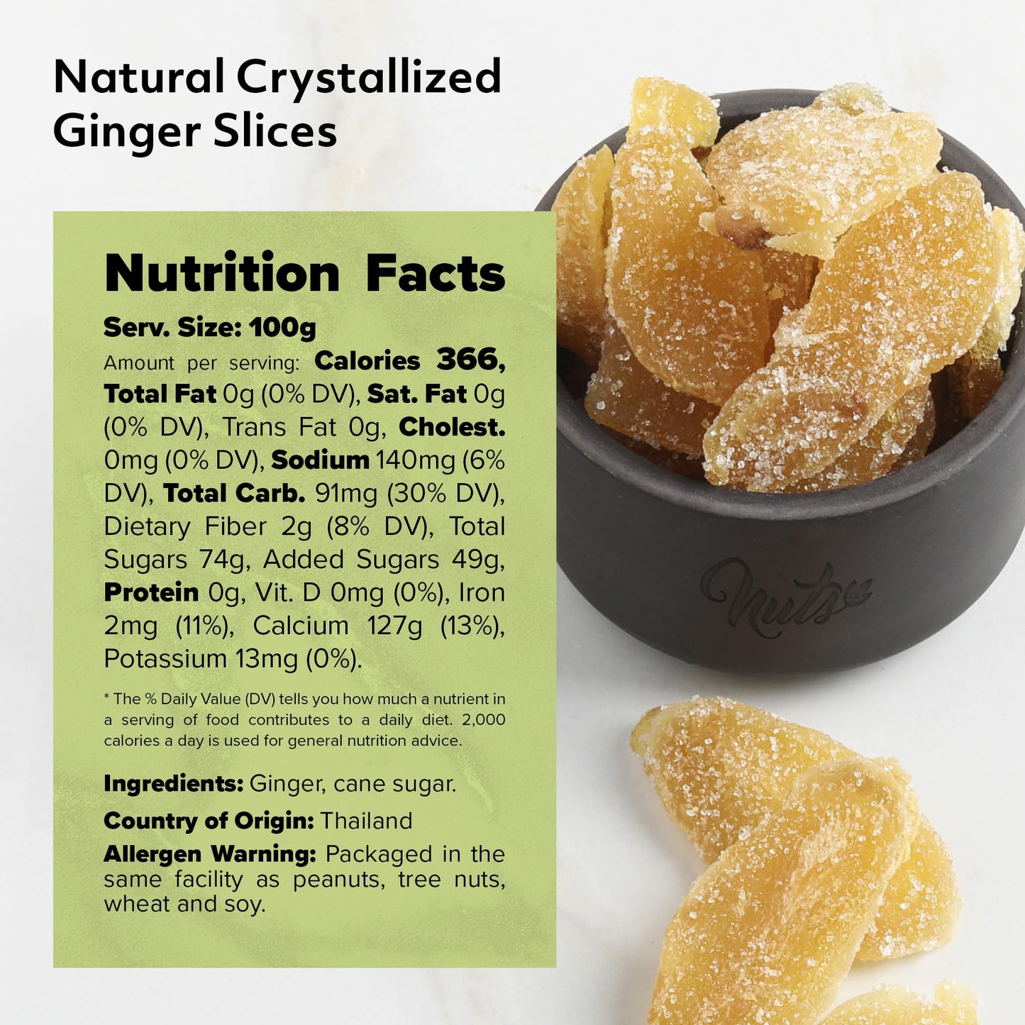 Nuts U.S. - Dried Crystallized Ginger Slices | All Natural And Non Gmo | No Artificial Colors Or Ingredients | Sugar Coated Chewy Flavor | Packed In Resealable Bag!!! (Unsulfured 3 Lbs)