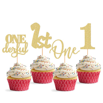 24Pack First Birthday Cupcake Topper - Glitter Gold One Cupcake Picks,1st Birthday Cupcake Decorations Supplies (Gold)