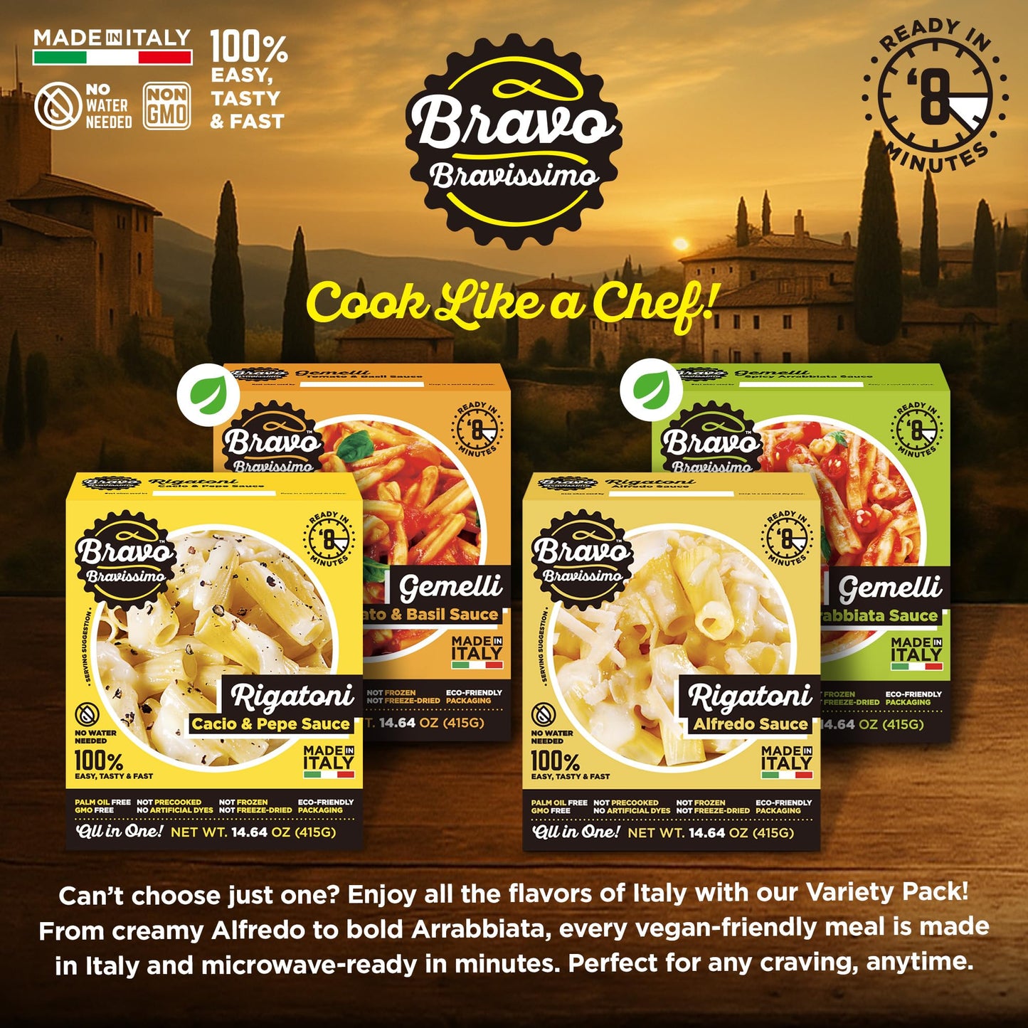 Bravo Bravissimo Italian Pasta Meal Variety Pack – Gourmet, Vegetarian & Vegan-Friendly, Microwaveable, Shelf-Stable, Ready In Minutes, No Refrigeration Needed – 6 Pack