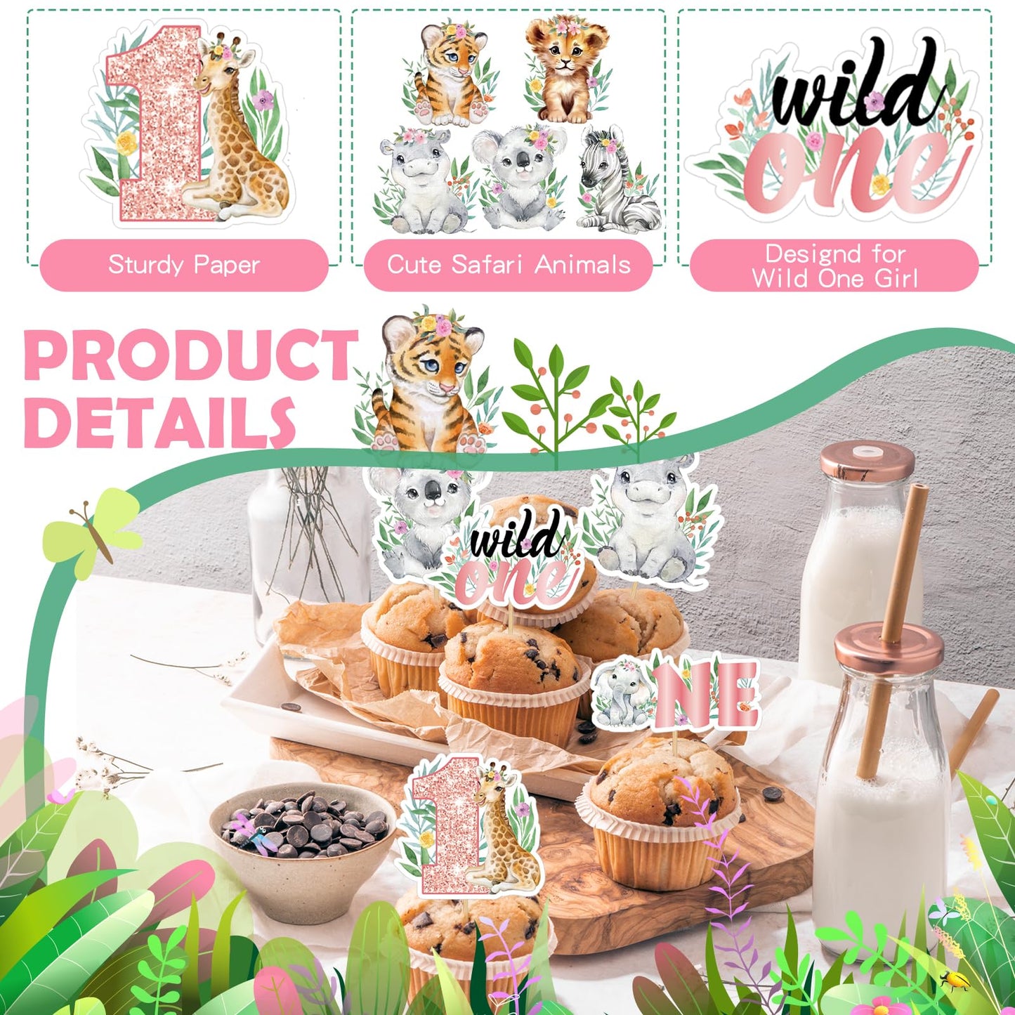 Weecent 48 Pcs Wild One Cupcake Toppers One Cake Topper 1St Birthday Girl Wild One Birthday Decorations Girl Jungle Safari Theme