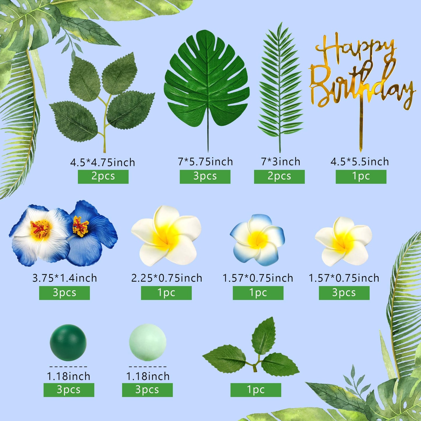 23 Pcs Flower Cake Topper Hawaiian Cake Decorations With Palm Leaves Hibiscus Flowers Balls For Hawaii Aloha Jungle Summer Theme