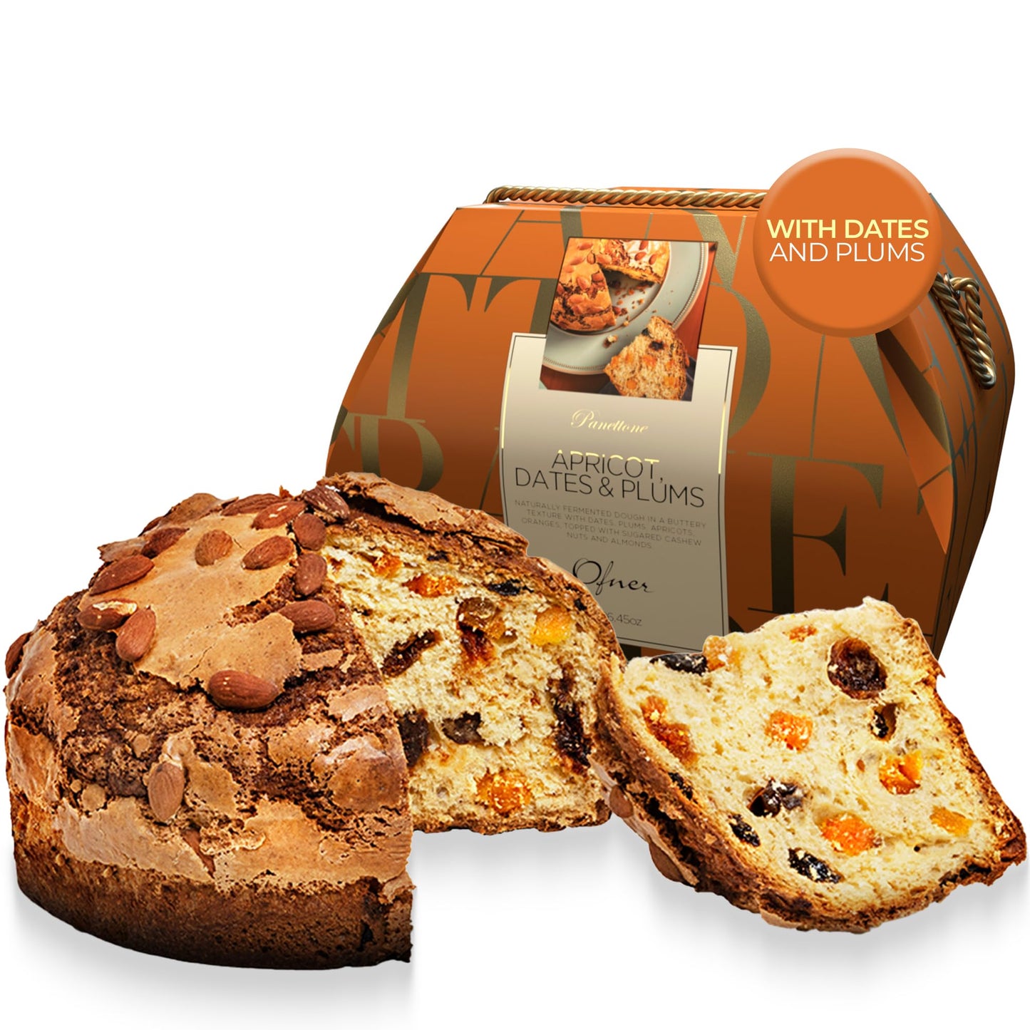 Genovese Panettone with Apricot  Dates & Plums 26.4 oz - Naturally Fermented Buttery Dough with Candied Fruits - Traditional Holiday Cake - Ofner