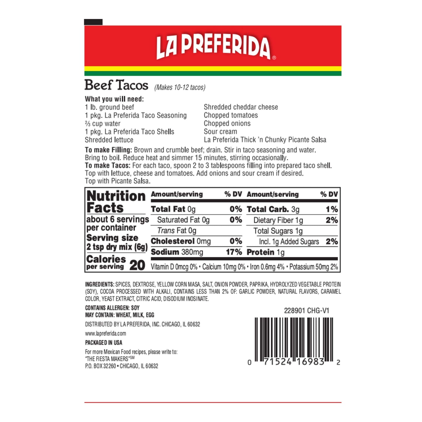La Preferida Authentic Taco Seasoning Mix - Bold Flavor, Versatile Spice blend for Wings, Burgers, Soups, Dips & more, 1.25 oz (