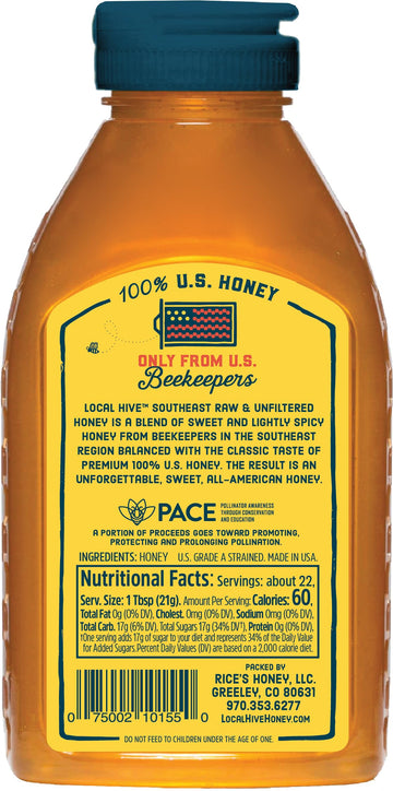 Local Hive Southeast Raw Unfiltered Honey - 16 oz, 100% Pure US Honey, Sourced from American Bees and Beekeepers - Natural Sweet