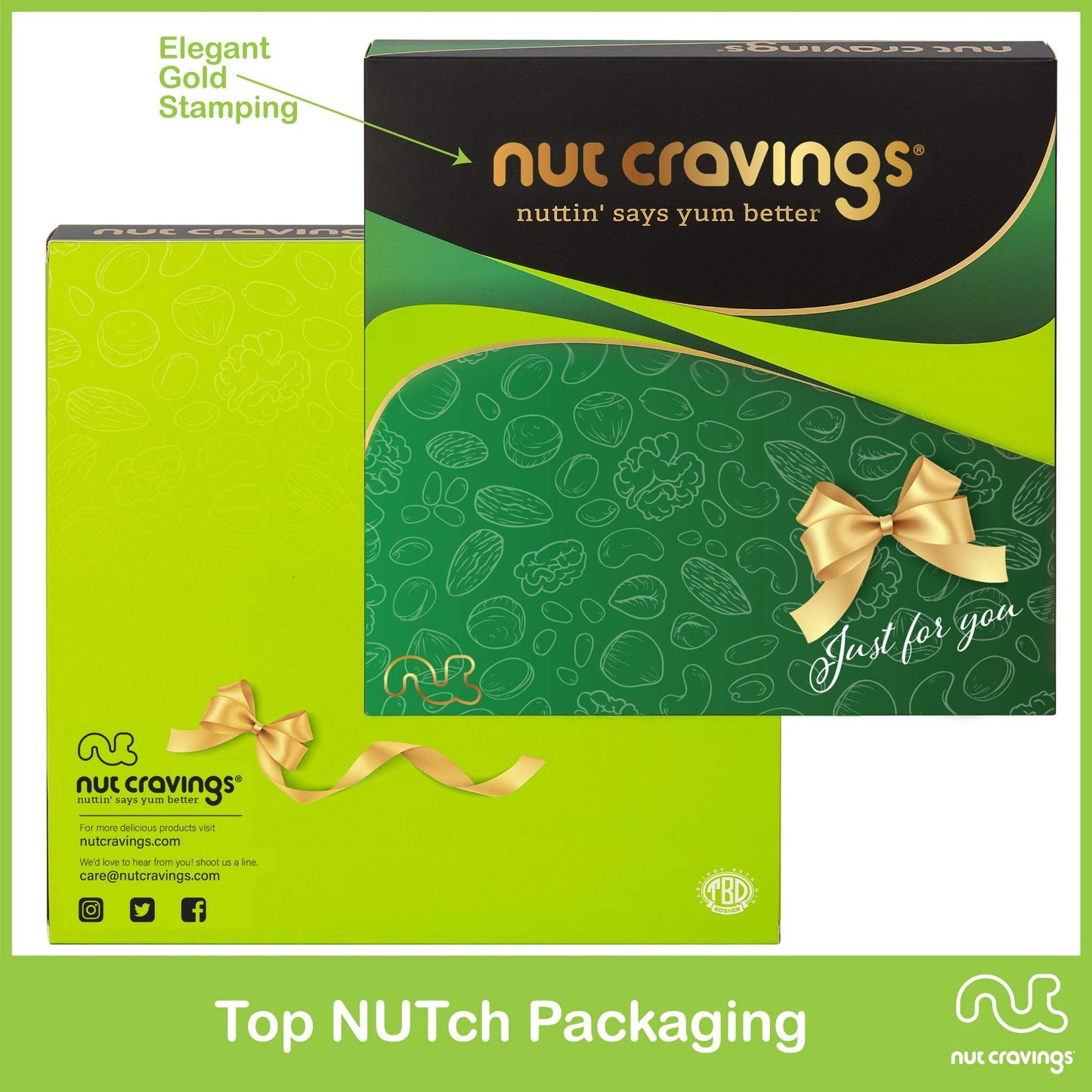 Nut Cravings Gourmet Collection - Rosh Hashana & Shana Tova Mixed Nuts Gift Basket In Green Gold Box (4 Assortments) Arrangement