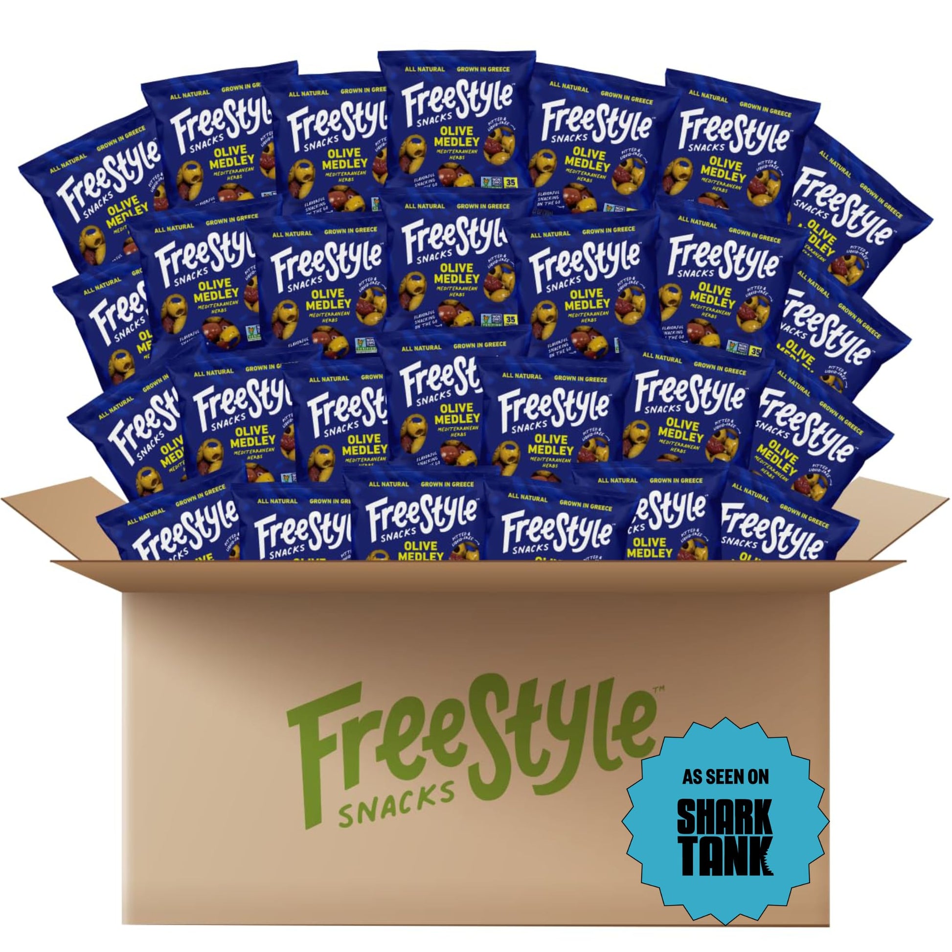 Freestyle Snacks Olive Medley Snack Packs - As Seen On Marine Theme Tank - Bulk Party Pack - Fresh Pitted Olives  Grown In Greece  All Natural  Non-Gmo  Sugar-Free - Mediterranean Herb  1.1Oz  120-Pack