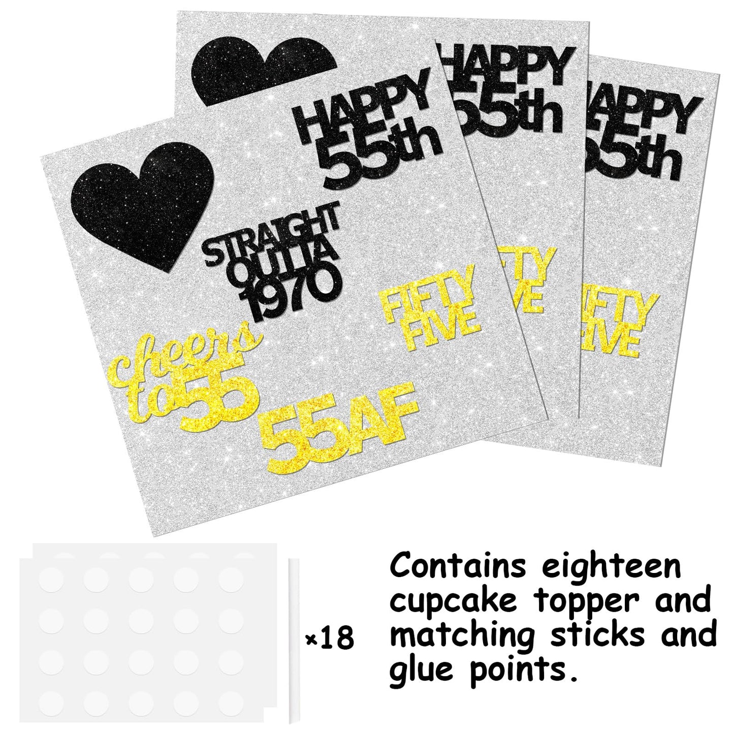18Pcs Black Gold Glitter Dessert Cupcake Pick For Straight Outta 1970 Cheer To 55 Years Old Theme Decor Supplies Happy 55Th Birt